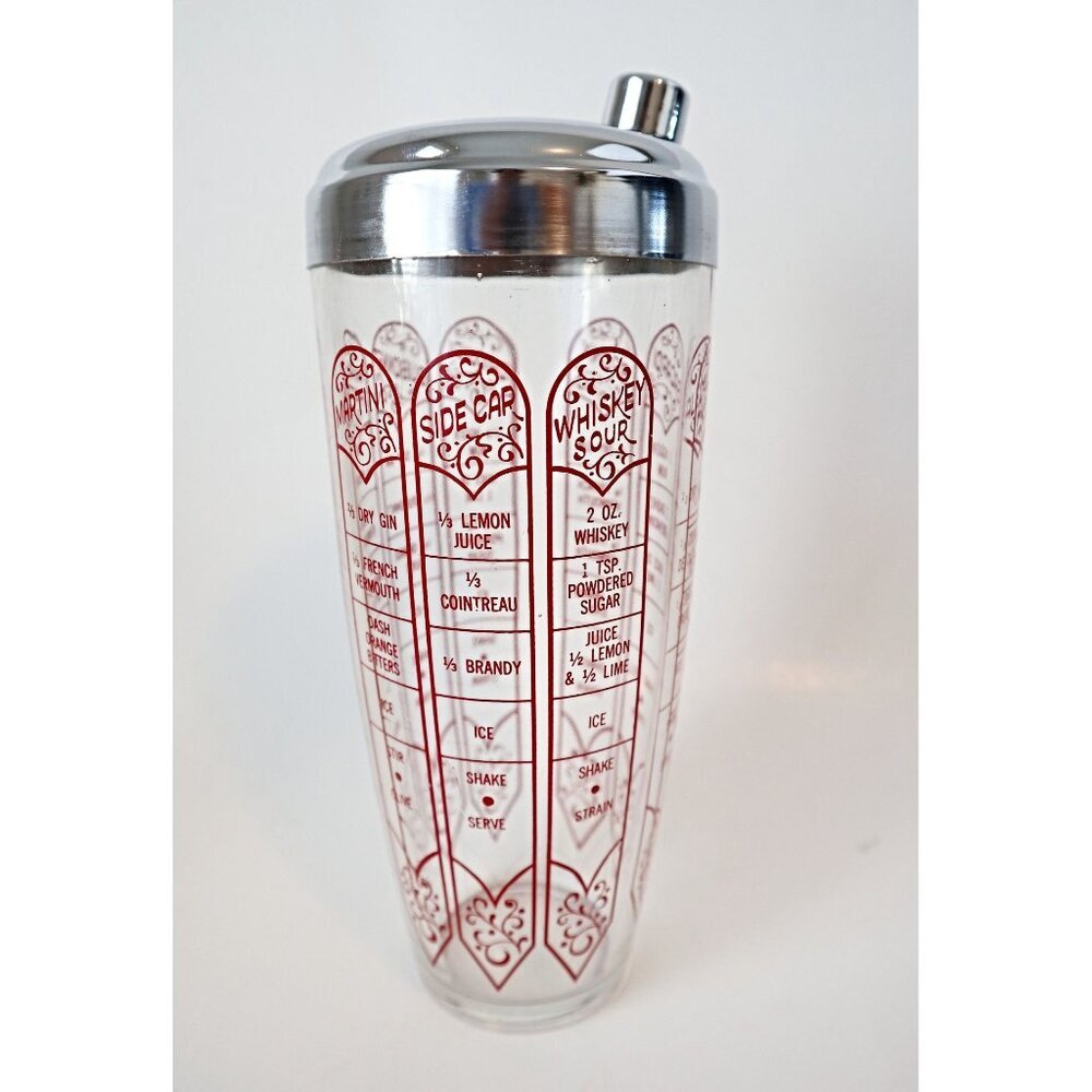 Vintage Cocktail Shaker Drink Recipes Red Font Retro Barware